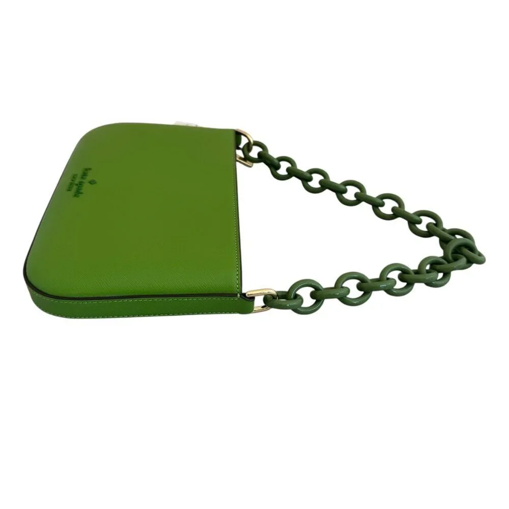 Kate Spade Madison Saffiano Pochette Bag + Card Holder Resin Chain Turtle Green